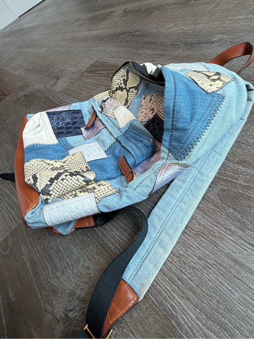Marc Jacobs Patchwork Denim & Snake Print Backpack with Brown Leather Trim - Picture 3 of 10